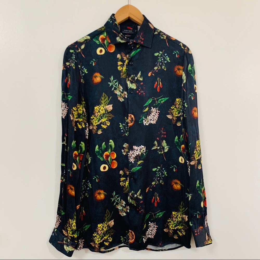 Zara Man Velvet SatinFloral/Fruit Print Shirt Sz S